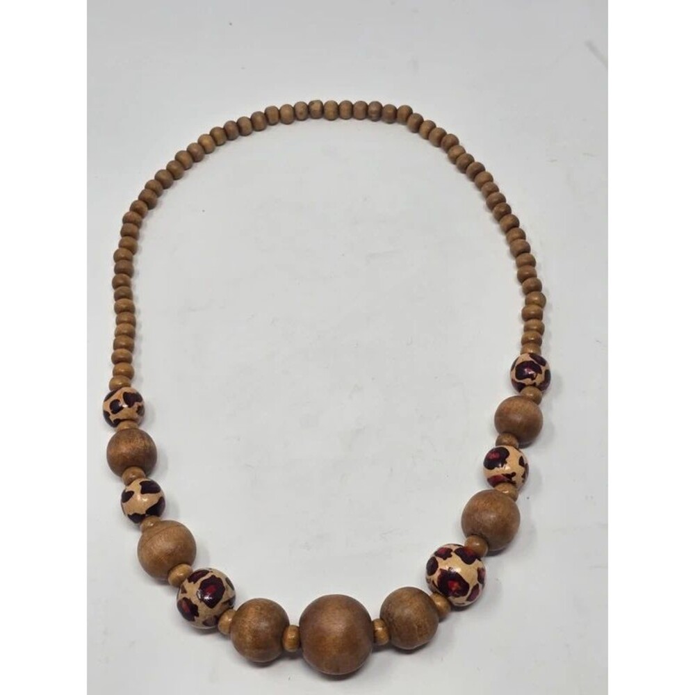 Natural Wooden Bead Necklace with Painted Leopard Print Accents